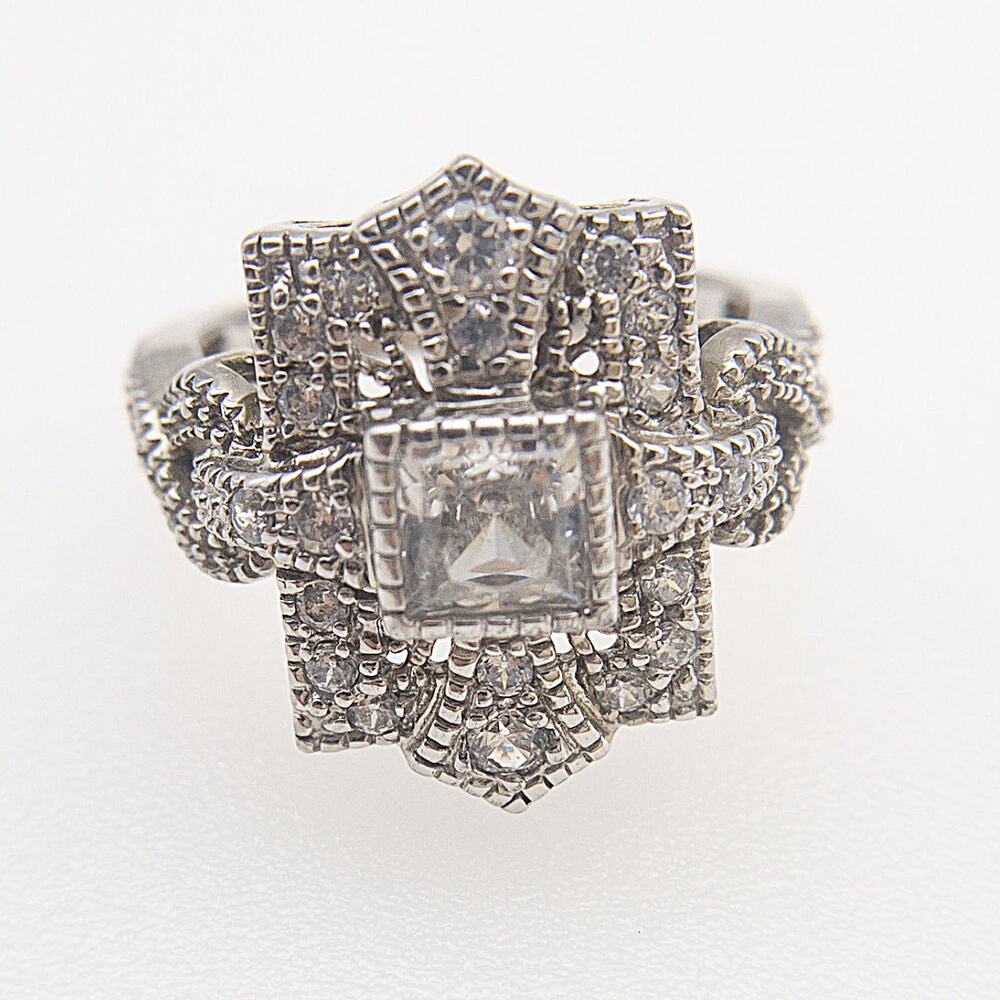 Vintage Inspired 925 Sterling Silver CZ Cocktail Ring Art Deco Style Size 6